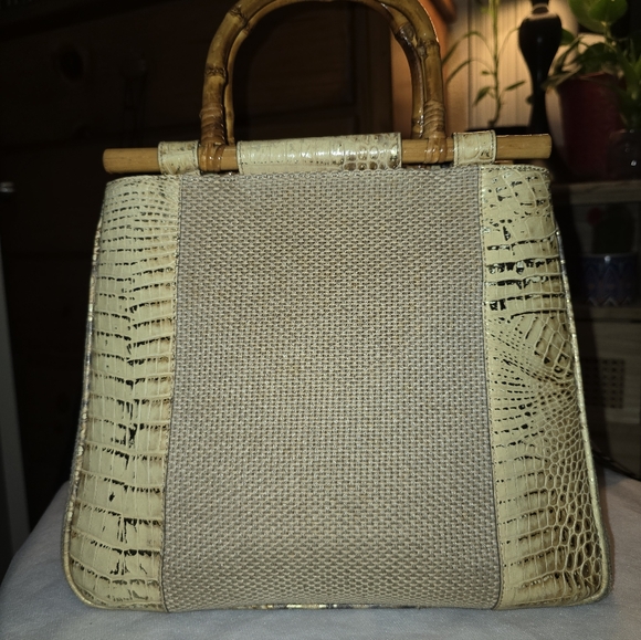 Brahmin Harbor Collection Tan Croc Embossed Medium Tote With Bamboo Handles - Picture 4 of 6